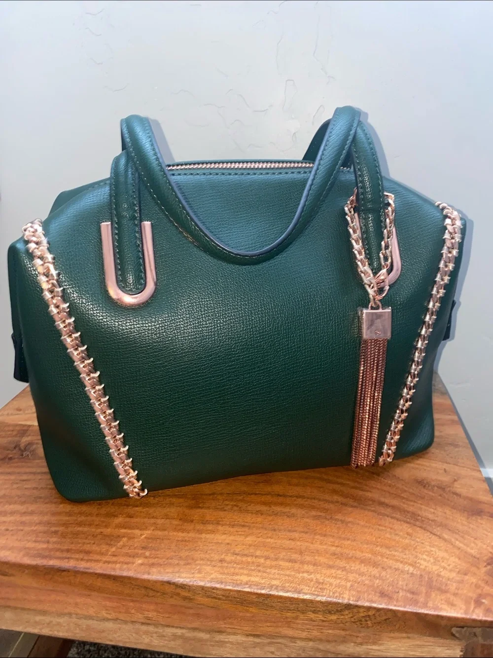 Dune London Dark Green Satchel with Rose Gold Chain Trim